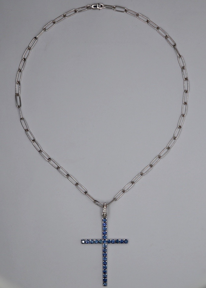 Blue Sapphire and Diamond Cross Pendant with White Gold Necklace